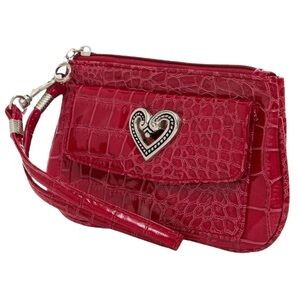 Red Croc-Embossed Wristlet with Silver Heart Accent